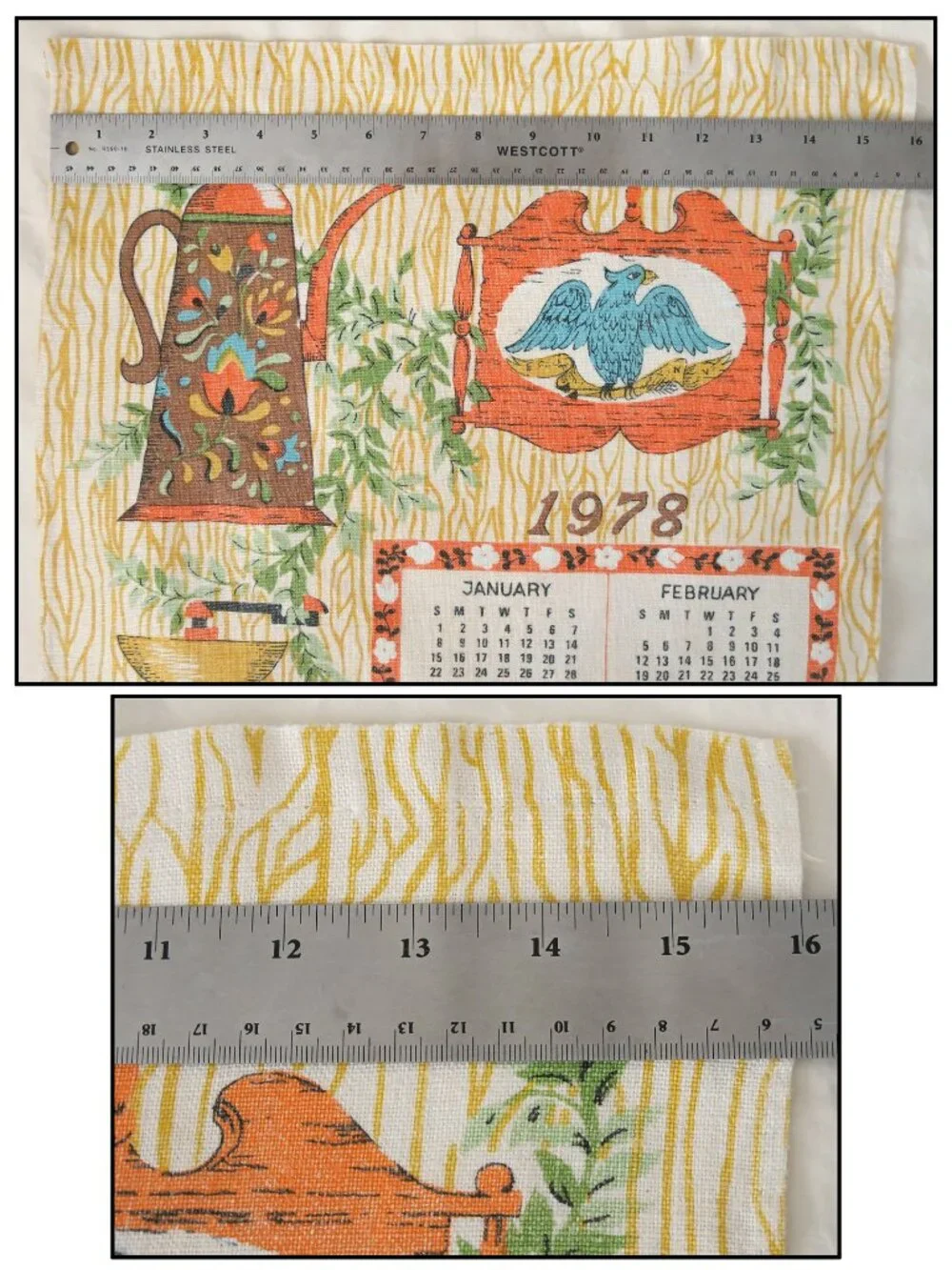 VINTAGE 1978 Linen Kitchen Calendar Tea Towel Butter Churn Coffee Pot Eagle
